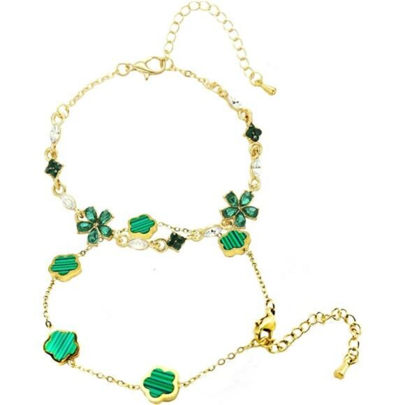 Gold clover bracelet set lucky charm stackable rhinestone adjustable jewelry gif - Picture 1 of 8